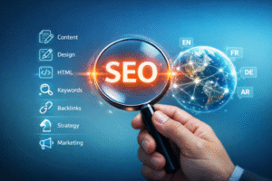 Person hand in suit. SEO magnifying glass