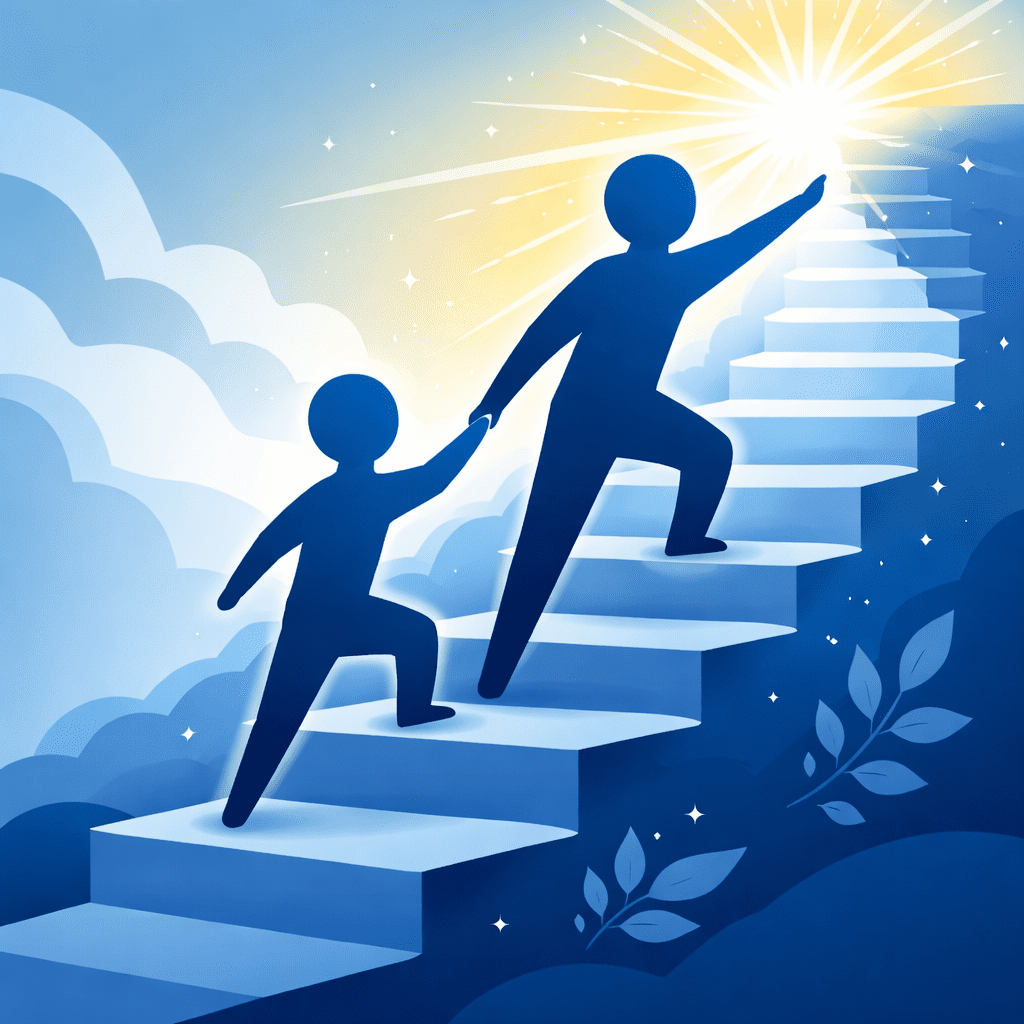 Illustration of mentorship and growth, showing one person helping another climb steps toward success and opportunity