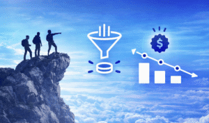 people claiming mountain towards the sales funnel. ans increase slaes money icon heading towards the sales funnel