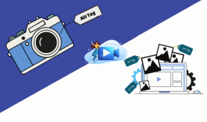 half dark blue and white. Camera with Alt tage. Women with video symbol in middle. image frame and computer with gear on bottom right