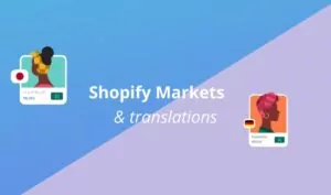 Shofi markets and translation in the middle, with two images from shopify markets and twtone background; Purple and light blue