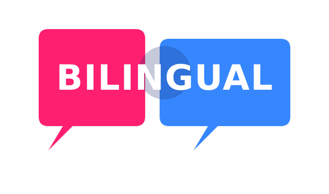 Binlingual speech bubble in red and blue