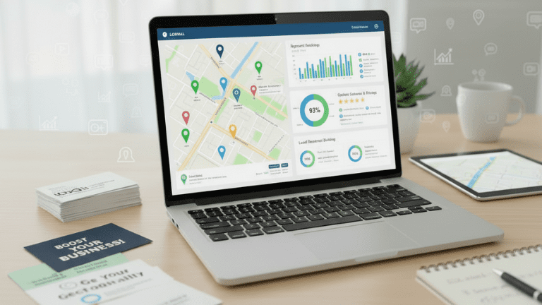 Local SEO affecting market penetration. Laptop. 