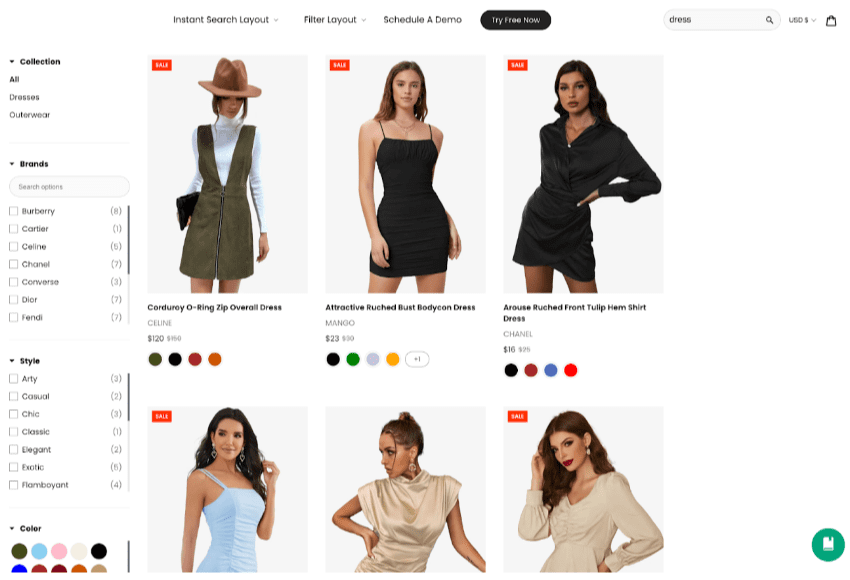 Search results for a women's fashion store with various variables.