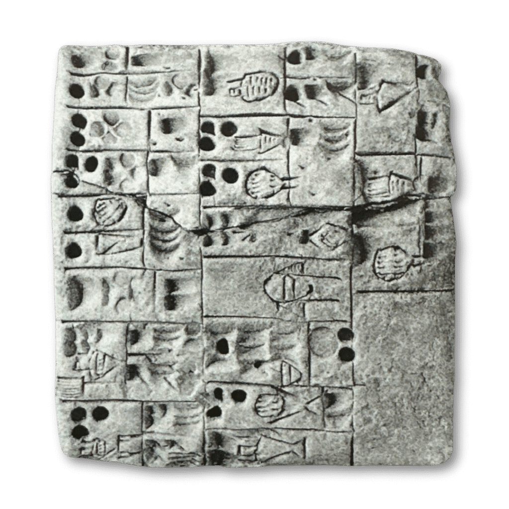 Proto-cuneiform accounting tablet with early pictographic symbols used for record-keeping.
