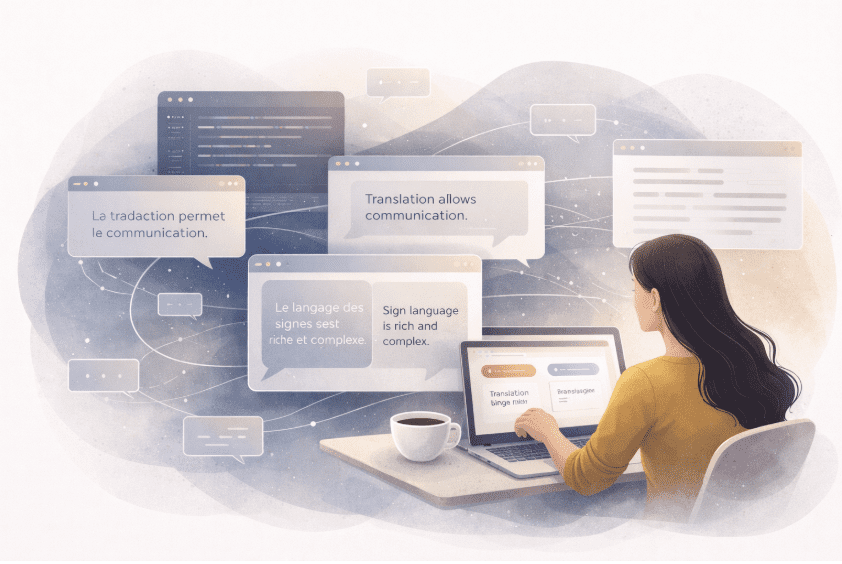 Illustration of digital translation tools enabling multilingual communication and understanding across languages.